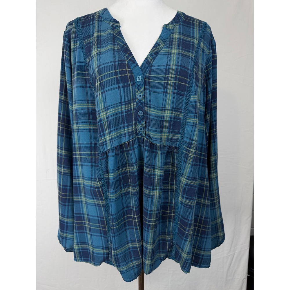 Torrid Plaid Babydoll Blouse Womens 3 Blue Crochet Trim Long Sleeve Top